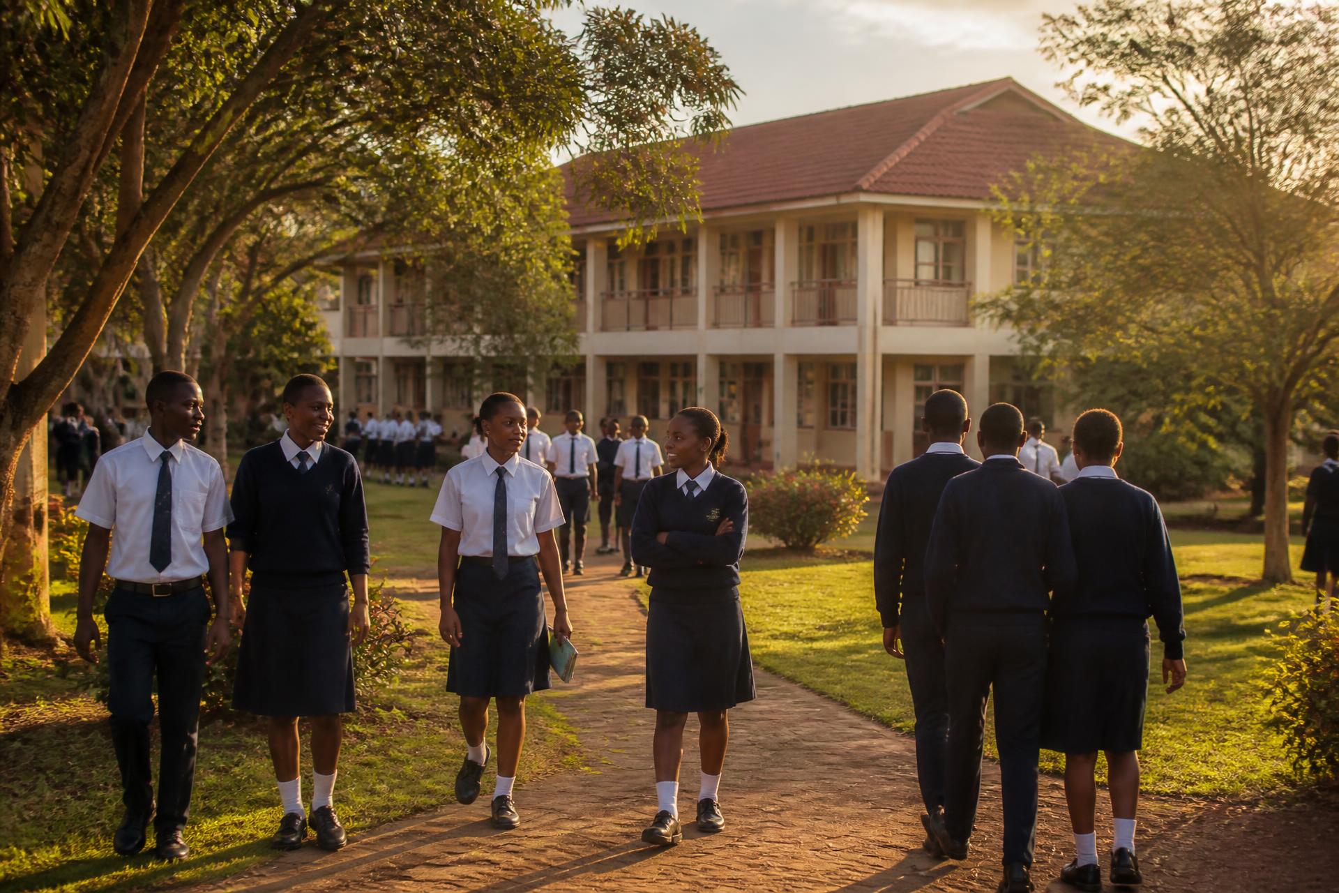 Bright Future students walking on campus at golden hour